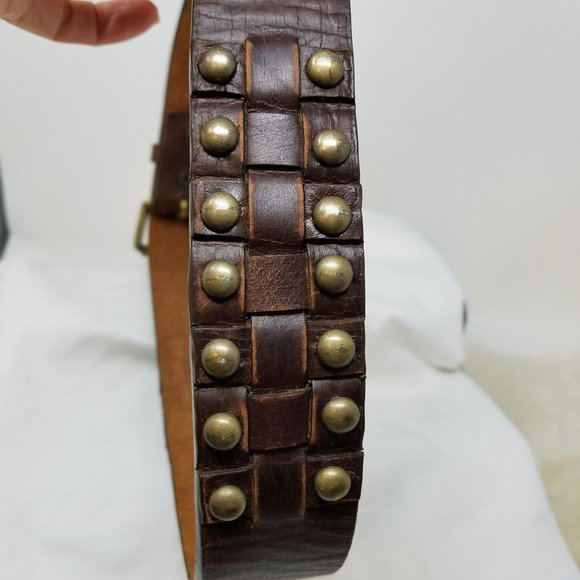 VTG leather belt woven brass studs S/M - Picture 1 of 6